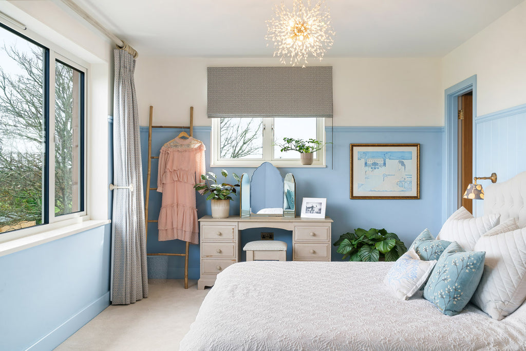 Master bedroom design, neutral and blue colour scheme.