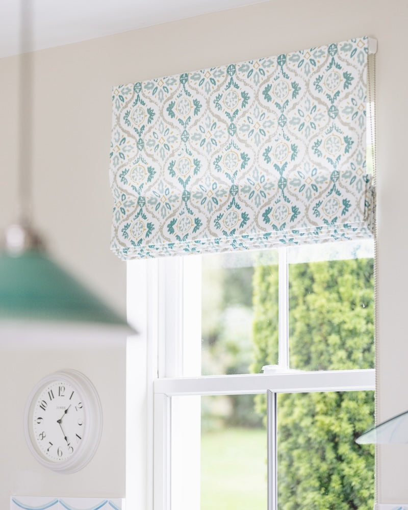 Cornish interior design, inspired by the coast and creek. Hand-sewn Roman blind for the kitchen.